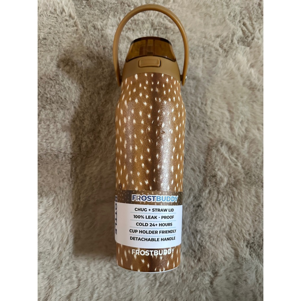 FrostBuddy Bottle Buddy 24oz Water Bottle Deer Fawn Print Straw Lid Leak Proof